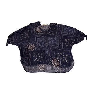 Reneec Women's M Navy Blue Bandana Floral Print V-Neck Rayon Blouse Made in USA